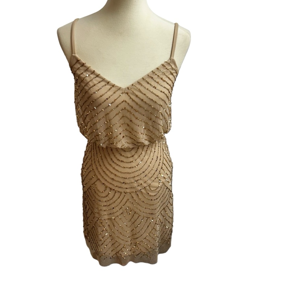 Adrianna Papell Art Deco Sequin Blouson midi Dress Champagne/Gold medium